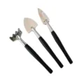 Mini garden tool detail view, featuring durable metal heads and comfortable black handles. - Three-Piece Set / Black