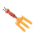 Kids garden hand fork with cute cartoon bug handle, bright yellow metal tines, detailed view. - Fork
