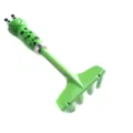 Close-up view of children's cute green frog garden rake, fun cartoon design detail. - Rakes