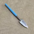 Mini garden tool metal shovel with blue plastic handle detail close-up view for plants - Single Pointed Shovel