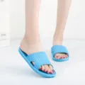 Blue slide sandals, indoor home slippers with vertical stripes texture for comfortable daily wear. - Sky Blue