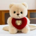 Cute fluffy teddy bear plush toy holding a red heart, soft stuffed animal gift for girls birthday. - Heart Style / Beige