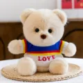 Cute plush bear toy in colorful knit sweater with love text, perfect gift and home decor. - Red Yellow Blue Love Style / Beige