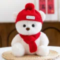 Cute white plush teddy bear wearing a red knitted hat and scarf, perfect birthday gift for girls. - Hat & Scarf Style / White