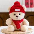 Cute plush teddy bear toy wearing red knitted hat and scarf, soft stuffed animal gift for kids. - Hat & Scarf Style / Beige