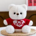 Cute white plush teddy bear wearing a red knitted sweater with love heart design gift. - Heart Sweater Style / White