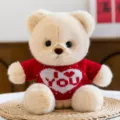 Cute beige plush teddy bear in red knit sweater with heart, sweet birthday gift. - Heart Sweater Style / Beige