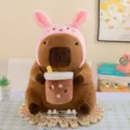 Joli Capybara Peluche avec Chapeau de Lapin et Thé Boba Poupée Animaux Doux Cadeau - Capybara lapin rose