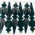 Dark green velvet finial shaped Christmas tree ornaments set of 6 pieces in clear box - Flocked with Beads / 6 Pieces/Pack / Green