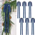 Set van 6 diepblauwe fluwelen kerststrikken met lange linten voor boom- en kransdecoratie. - Mistblauw