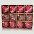 Juego de doce bolas de Navidad variadas con purpurina roja y cristal transparente - 12 Piezas (8cm) / Burdeos