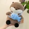 Cute brown otter plush toy with blue fish backpack, soft stuffed animal gift for kids and girls. - Backing Fish Backpack Style / 33cm / Gray