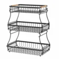 3-tier metal wire storage basket with wooden handles for kitchen fruit and vegetable organizing - Triple Tier Without Accessories / Black