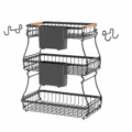 Scaffale da cucina in metallo a 3 livelli Amazon con manico in legno e cestino per frutta - Triplo Strato Senza Guarnizione / Nero