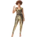 Women 80s disco metallic jumpsuit retro party stage performance costume with curly wig. - M / Top And Bottom / 5571 Women's Gold