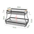 2-Tier metal wire storage basket with wooden handles desktop organizer for kitchen bathroom - Wood Handle + 2 Banana Hooks / Black