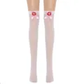 Close-up detail of white over-the-knee sheer stockings with pink bows and red cross. - One Size / White Stockings (Pink Bow Cross)