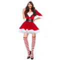 Vue détaillée du costume de Noël sexy avec garniture en peluche et bas rayés assortis. - M / Robes / Rouge