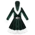 Détail de costume de Noël en velours vert avec bordure en peluche blanche et ceinture. - M / Robes / Vert