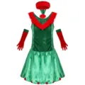 Women christmas elf costume set including dress hat and gloves for holiday party stage show. - One Size / Set