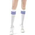 Thick cotton cheerleader sports socks with blue stripes, comfortable mid-tube women socks. - White with Blue Stripes