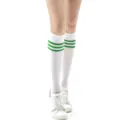Detail shot of white knee high athletic tube socks with green stripes, comfortable cotton. - Knee High Socks / White With Green Stripes