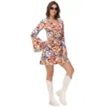 Vestido de disfraz disco retro de los años 70 con mangas acampanadas y estampado geométrico. - M / Vestidos / Multicolor