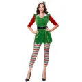 Détail de costume de lutin de Noël avec robe verte, manches rouges et leggings rayés. - Taille unique / Haut et Bas