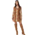 Vue détaillée du costume hippie rétro des années 70 avec gilet à franges et robe florale. - M / Robes / Imprimé