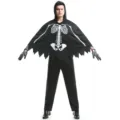 Vue détaillée du costume de cape squelette d'Halloween pour hommes avec des imprimés d'os blancs. - M / Haut et Bas / Style Homme