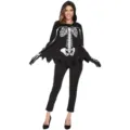 Vue détaillée du costume de cape squelette d'Halloween avec capuche et gants imprimés d'os. - M / Haut et Bas / Style Femme