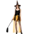 Vue détaillée du costume de sorcière d'Halloween pour femme avec une robe noire et dorée. - S / Robes / Noir & Or