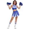 Blue and white cheerleading costume detail, crop top and pleated skirt for women stage show. - S / Set / With Pom Poms and Socks / Blue