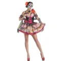 Day of the Dead skeleton costume details, colorful Halloween party cosplay dress for women. - M / Set / Printed
