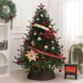 Gran árbol de Navidad artificial con adornos rojos y dorados y luces LED cálidas - Con Ornamentos (Con Collar de Árbol) / 150cm