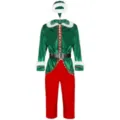 Dettaglio del costume da elfo di Natale per uomo, top in velluto verde, pantaloni rossi e cappello. - Taglia M / Top e Parte Inferiore