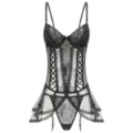 Schwarzes Spitzenkorsett-Detail, transparente Mesh-Einsätze, verstellbare Träger & Tanga. - Einheitsgröße / Set / Schwarz