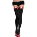 Medias altas negras sexys con lazos rojos y diseño de cruz de enfermera para mujeres - Talla única / Medias Negras Flor Roja Cruz