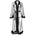 Lunga vestaglia trasparente in tulle nero con rifiniture di piume e cintura abbinata. - Taglia unica / Set / Nero