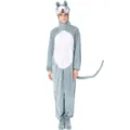 Detailed view of the cozy grey animal onesie costume with cute tail and hood for cosplay events. - M / Set