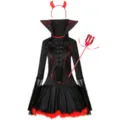Vista detallada del vestido cosplay de diablo negro y rojo con cordones frontales y dobladillo. - Talla única / Vestidos / Negro