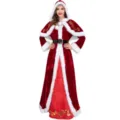 Rotes Weihnachtsmann Samtkostüm für Damen, langes Kapuzenkleid mit weißem Plüschrand. - M / Set