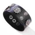 Vintage punk black leather wide bracelet with metal sunflower and skull rivets - Black