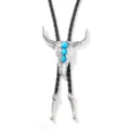 Vintage bull head bolo tie with turquoise stones and black braided leather cord - Bull Head Style (QNN1252) / Black Cord Silver