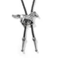 Vintage Western cowboy galloping horse bolo tie with black braided faux leather cord - Black Rope Antique Silver