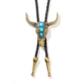 Western cowboy style bull head Bolo tie with turquoise stones and braided leather cord - Bull Head Style (QNN1252) / Black Rope Antique Bronze