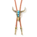 Retro Western bull head Bolo tie with turquoise pendant and brown braided leather cord - Bull Head Style (QNN1252) / Brown Rope & Antique Bronze