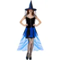 Costume de sorcière d'Halloween pour femme, robe noire et bleue avec chapeau assorti et bas résille. - S / Robes / Bleu