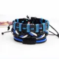 Ensemble de bracelets multi-rangs en cuir tressé vintage fait main, bleu et noir - Style Tissé Multicouche Bleu Noir Blanc (QNW4056)