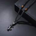 Retro black volcanic lava stone beaded long necklace featuring a vintage metallic anchor pendant - Volcanic Stone Anchor Style / Black